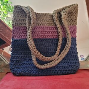 Crochet Tote Bag With Stripes Knit Handbag